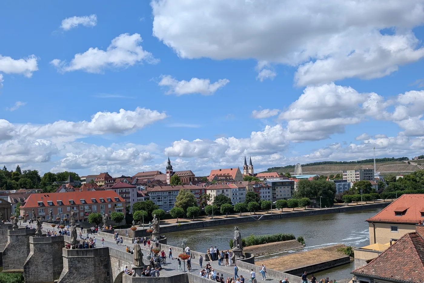 Die Alte Mainbrücke von oben gesehen, Menschen gehen darüber, dahinter die roten Dächer der Altstadt