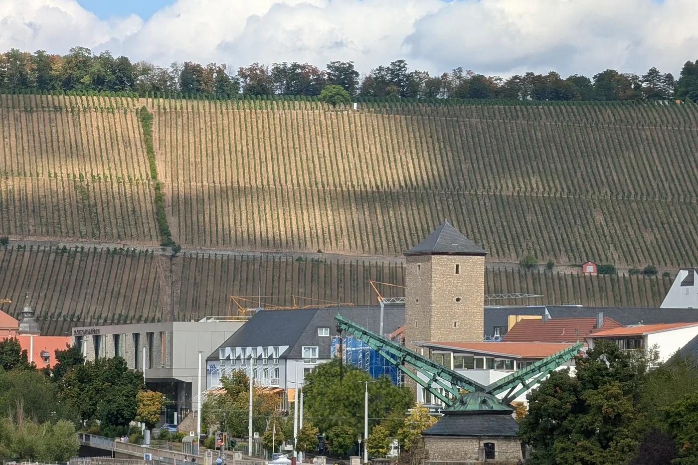 Der Alte Kranen am Mainufer mit den Ausflugsschiffen davor, dahinter die Weinberge am Stein