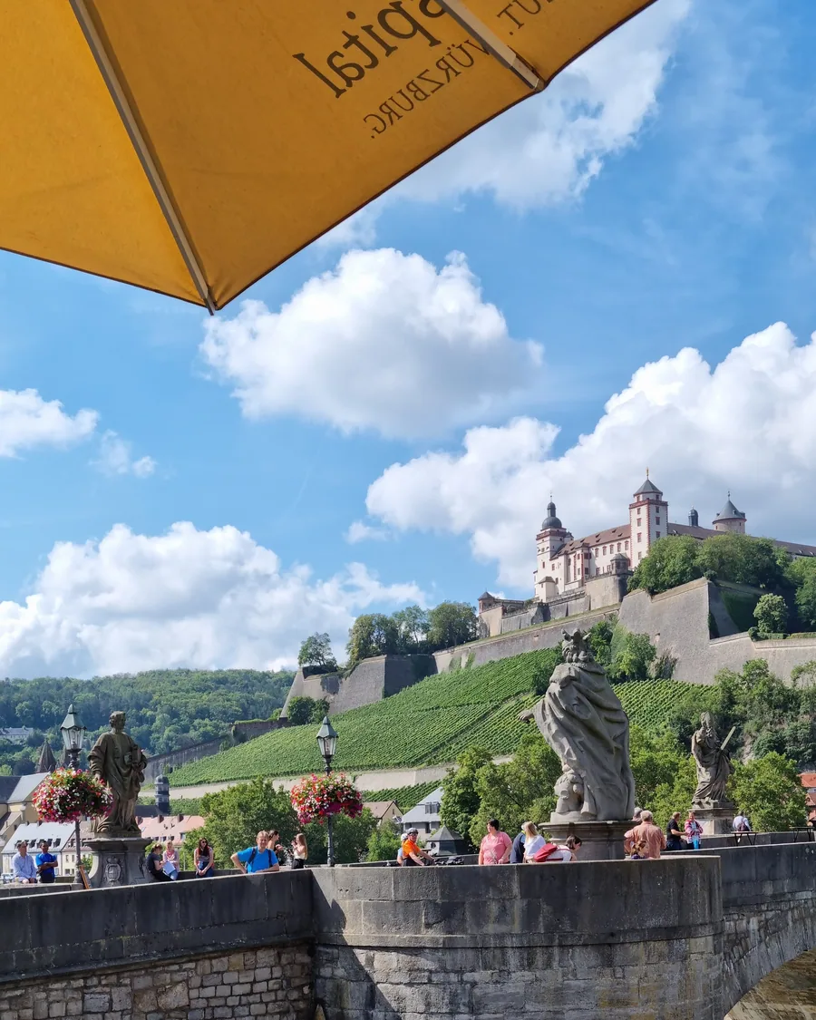 Blick von der Terrasse der Alten Mainmühle über die Alte Mainbrücke zur Festung Marienberg, über den Weinbergen