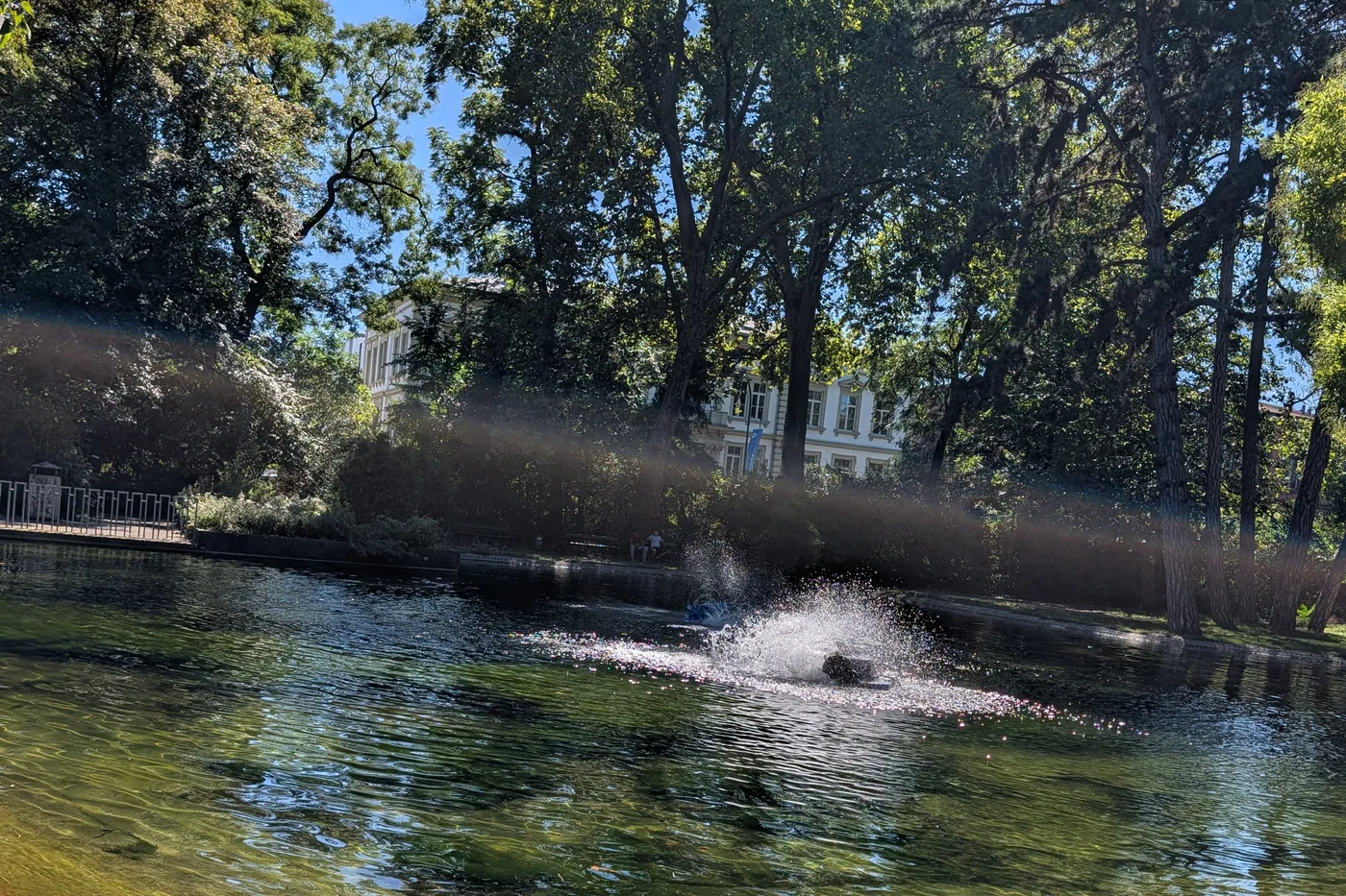 Die Fontäne im Ringparkteich, dahinter die Villen am Rand des Parks