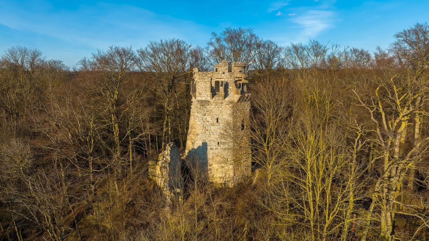 Turmruine im Wald am terroir-f-Platz bei Oberschwarzach