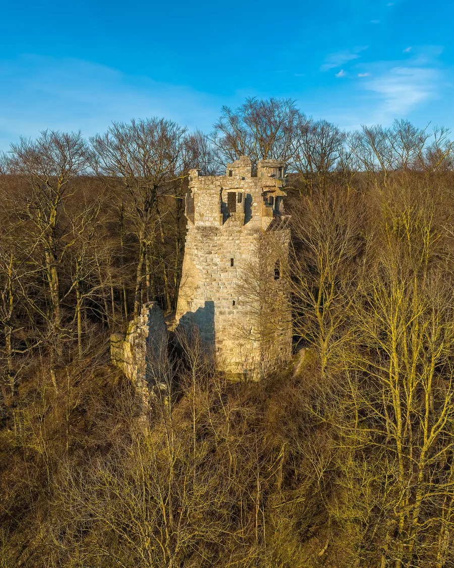 Turmruine im Wald am terroir-f-Platz bei Oberschwarzach