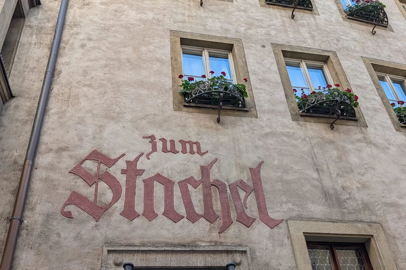 Der Schriftzug Zum Stachel in roter Fraktur an der Fassade des Weinhauses, darüber Fenster mit roten Geranien